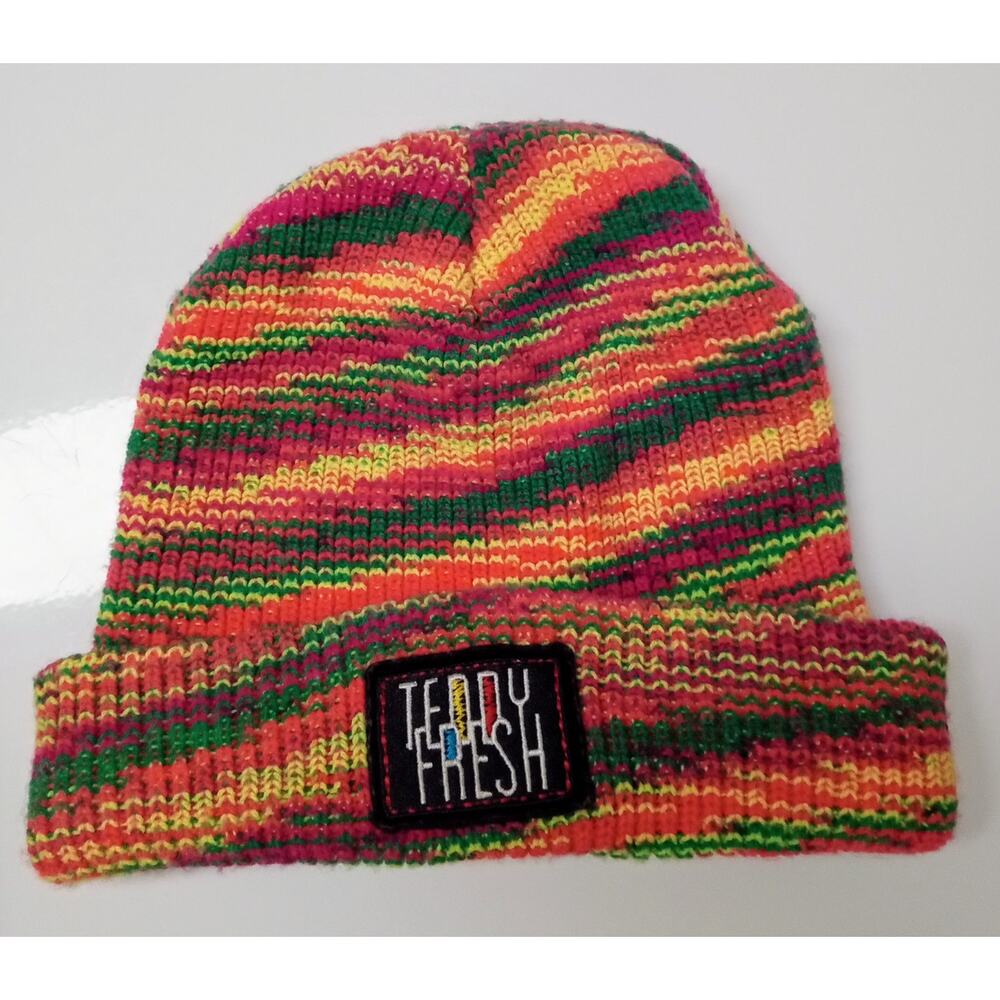 Teddy Fresh Beanie Hat Cap Bright Multi-Color Knit Cuff Logo Patch Unisex OSFM